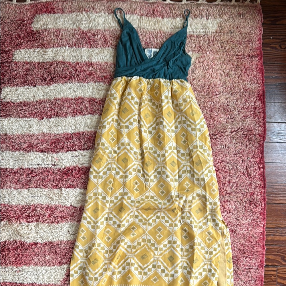 Anthropologie Teal and Yellow Maxi Dress